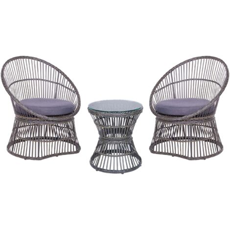 Balkonset Taupe Rattan 3teilig 2 Sessel mit Couchtisch Auflagen