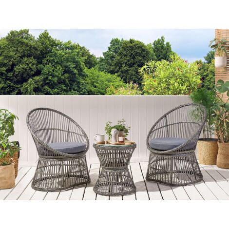 Balkonset Taupe Rattan 3teilig 2 Sessel mit Couchtisch Auflagen