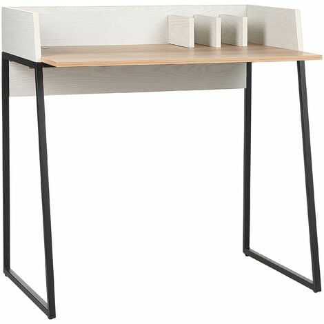 Schreibtisch heller Holzfarbton Metallgestell Anah weiß / Fächern schwarz mit
