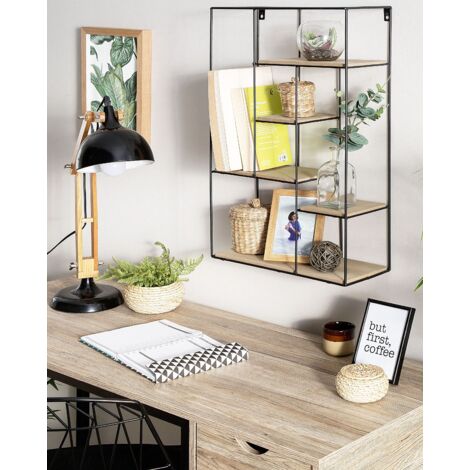 Wandregal Heller Holzfarbton Schwarz MDF Platte Pulverbeschichtetes Metall 60 x 21 x 13 cm Loft Stil Trendy Fächer Viel Stauraum Wohnzimmer
