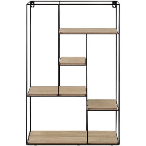 Wandregal Heller Holzfarbton Schwarz MDF Platte Pulverbeschichtetes Metall 60 x 21 x 13 cm Loft Stil Trendy Fächer Viel Stauraum Wohnzimmer