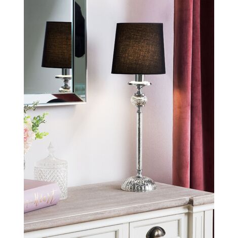 Tischlampe Silber Metall 56 cm Stoffschirm Schwarz Lampenfuß aus Glas langes Kabel mit Schalter Glamouröses Design