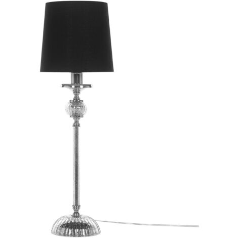 Tischlampe Silber Metall 56 cm Stoffschirm Schwarz Lampenfuß aus Glas langes Kabel mit Schalter Glamouröses Design