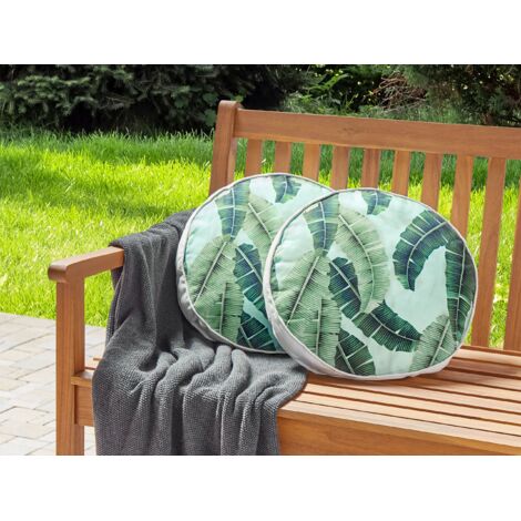 Gartenkissen 2er Set Grün Stoffbezug mit Füllung ⌀ 40 cm Rund Blätter