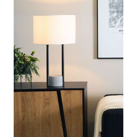 Tischlampe Schwarz Metall 60 cm Stoffschirm Weiß Säulenform Lampenfuß aus Beton Kabel mit Schalter Moderner Stil