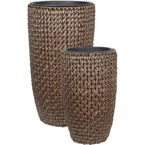 Blumentopf 2er Set Braun Rattan mit Innentopf Rund Bauchig Geflochten