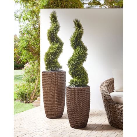 Blumentopf 2er Set Braun Rattan mit Innentopf Rund Bauchig Geflochten