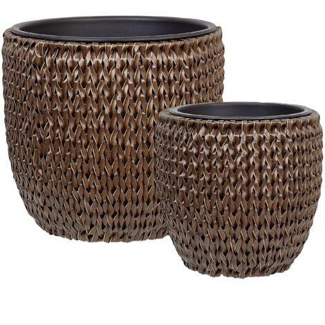 Blumentopf 2er Set Dunkelbraun Rattan mit Innentopf Rund Bauchig