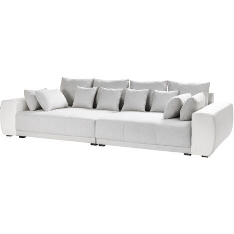 Sofa Hellgrau / Hellbeige Stoffbezug und Kunstleder für 4 Personen mit 8 Dekokissen Skandinavisch Wohnlandschaft Wohnzimmer Ausstattung Möbel