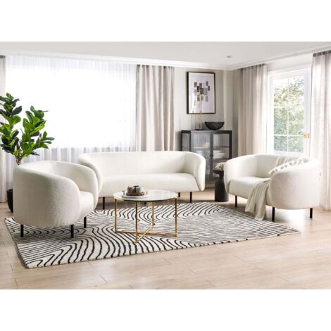 Sofa Set 3Teilig Weiß Bouclé Stoffbezug 6Sitzer Sitzgruppe Armlehnen