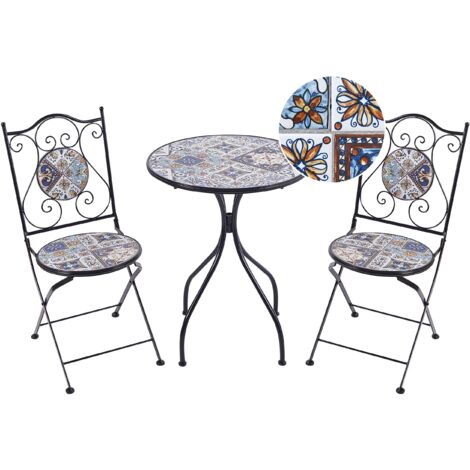 Balkon Set Schwarz u. Blau aus Metall Mosaik Muster mit 2 Stühlen 1