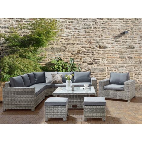 Lounge Set Hellgrau Rattan 9Sitzer 7Teilig Modern Klassisch Ecksofa