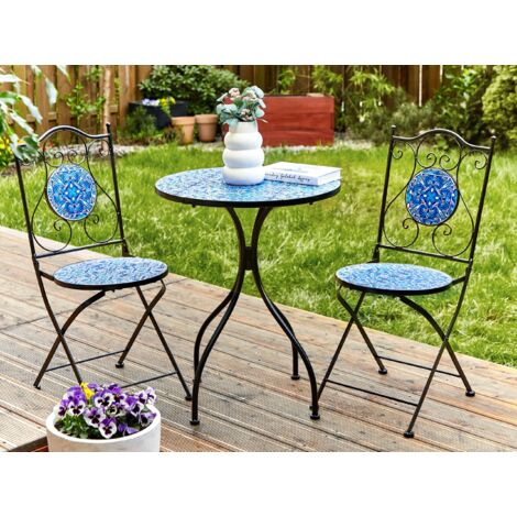 Balkon Set Schwarz u. Blau aus Metall Mosaik Muster mit 2 Stühlen 1