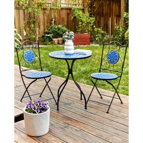 Gartenstühle 2er Set Schwarz u. Blau aus Metall Mosaik Muster