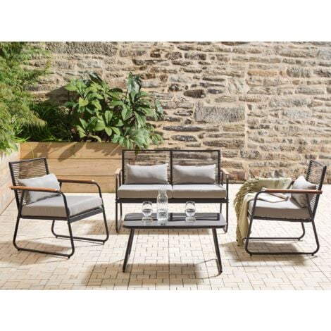 Lounge Set Schwarz aus Metall 4Sitzer Auflagen Grau Gartentisch