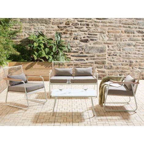 Lounge Set Weiß aus Metall 4Sitzer Auflagen Grau Gartentisch