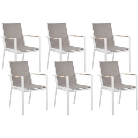 Gartenstuhl 6er Set Weiß Aluminium mit Bespannung Grau Stoff Armlehnen