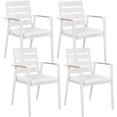Gartenstuhl 4er Set Weiß Aluminium mit Sitzkissen Weiß Stoff Armlehnen