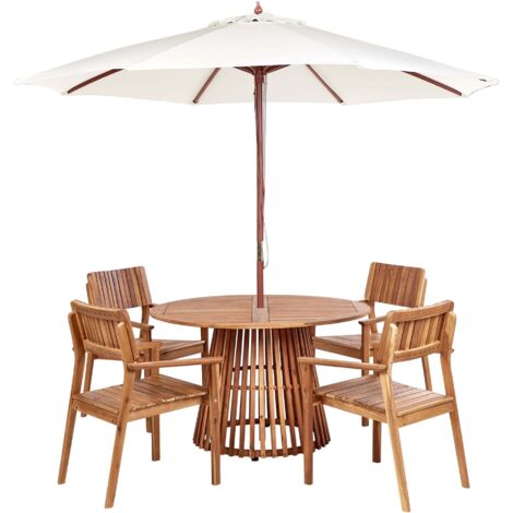 Achteckiges Tischset aus Holz mit 4 Stühlen  Höhenverstellbarem Sonnenschirm Picknicktisch Natur