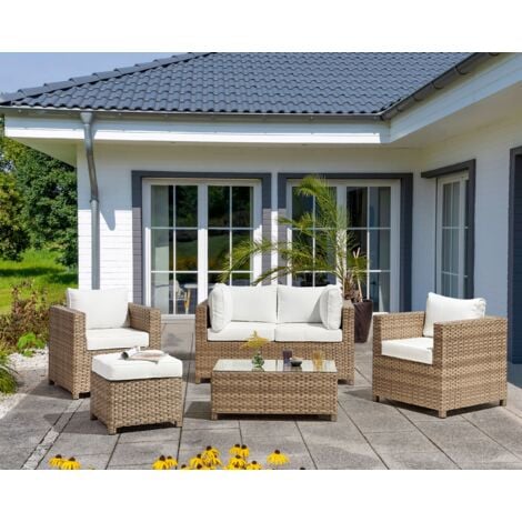Lounge Set Beige Rattan 5Teilig für 4 Personen mit Kissen Cremeweiß
