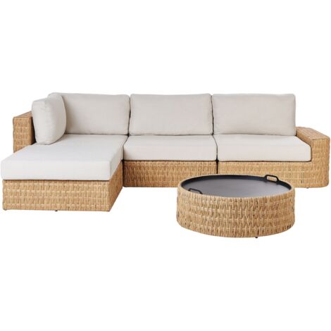 Lounge Set Naturfarben Rattan 3teilig BohoStil 4Sitzer Sofa mit
