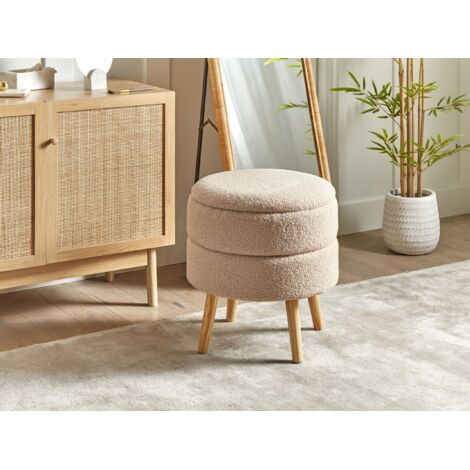 Hocker mit Stauraum Beige aus Bouclé mit Beinen aus Kiefernholz Rund ...