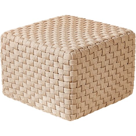 Outdoor Pouf Hellbeige Kunststoff 50 x 50 cm Quadratisch Handgewebt Garten Hocker Accessoires Boho Stil