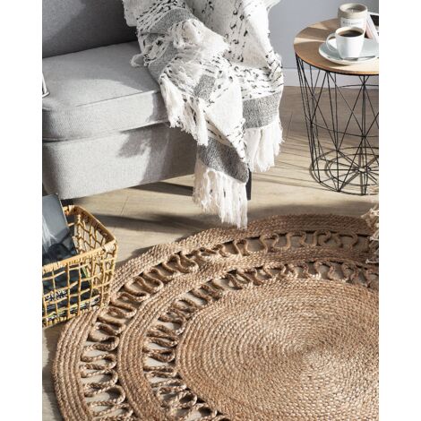 Teppich Beige Jute ø 120 cm Kurzflor Boho Stil Maschinengewebt Rund