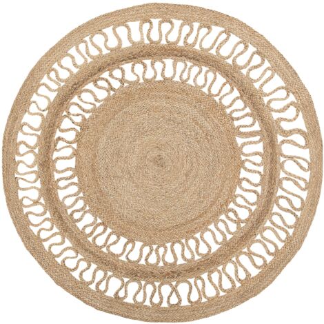 Teppich Beige Jute ø 120 cm Kurzflor Boho Stil Maschinengewebt Rund