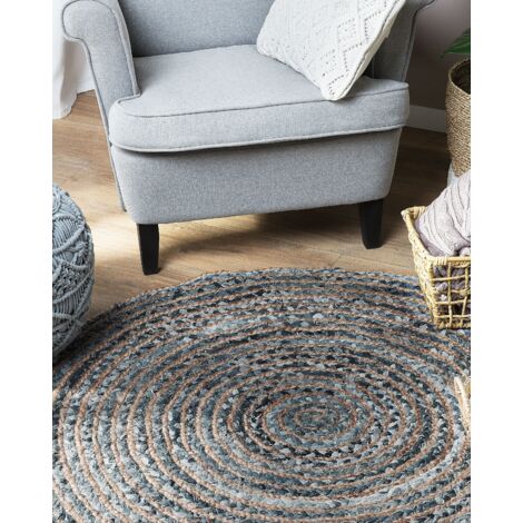Teppich Blau Beige Jute Baumwolle ø 120 cm Kurzflor Boho Stil Maschinengewebt Rund