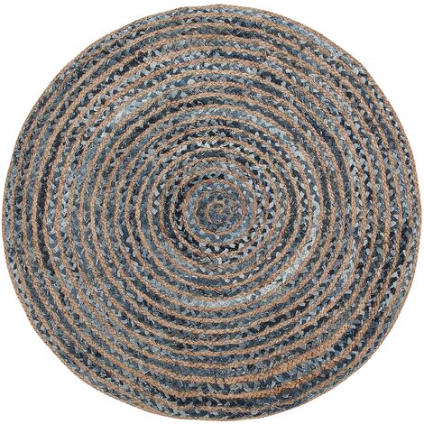 Teppich Blau Beige Jute Baumwolle ø 120 cm Kurzflor Boho Stil Maschinengewebt Rund