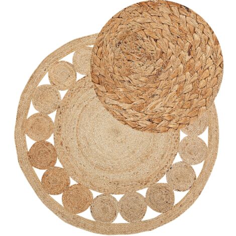 Teppich Beige Jute ø 120 cm Kurzflor Boho Stil Maschinengewebt Rund