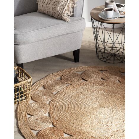 Teppich Beige Jute ø 120 cm Kurzflor Boho Stil Maschinengewebt Rund