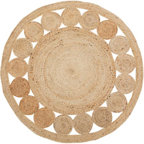 Teppich Beige Jute ø 120 cm Kurzflor Boho Stil Maschinengewebt Rund