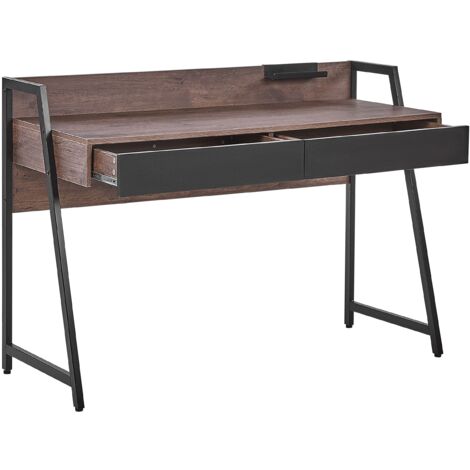 Schreibtisch dunkler Holzfarbton Spanplatte/Metall 100x50 cm 2 Schublade Büro Kinderzimmner Schule