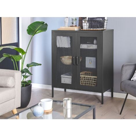 Schrank Schwarz Metall 80 x 40 x 102 cm mit 2 durchsichtigen Türen 2 Regalböden 2 Griffen Flur Schlafzimmer Küche Wohnzimmer