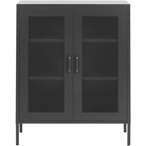 Schrank Schwarz Metall 80 x 40 x 102 cm mit 2 durchsichtigen Türen 2 Regalböden 2 Griffen Flur Schlafzimmer Küche Wohnzimmer