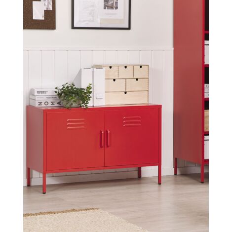 Metallschrank Rot Stahl 100 x 40 x 65 cm Sideboard mit hohen Füßen Türen Griffen Regalboden Wohnzimmer Büro Arbeitszimmer Flur Bad