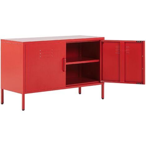 Metallschrank Rot Stahl 100 x 40 x 65 cm Sideboard mit hohen Füßen Türen Griffen Regalboden Wohnzimmer Büro Arbeitszimmer Flur Bad