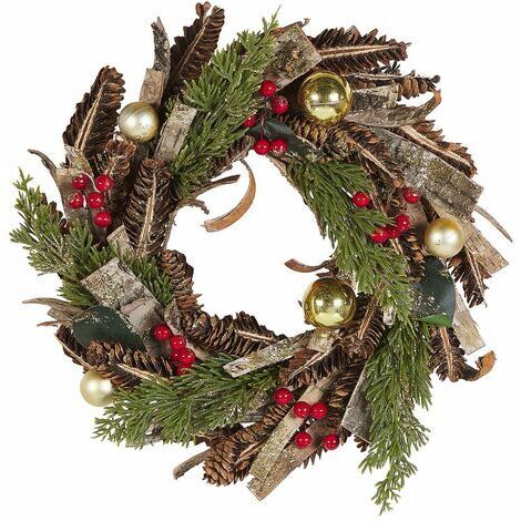 Weihnachtsdekoration Kranz Grun Und Rot Holz Rund Mit Tannenzapfen Zweigen Kugeln Beeren Innenbereich Tischdeko Turdeko Wanddeko