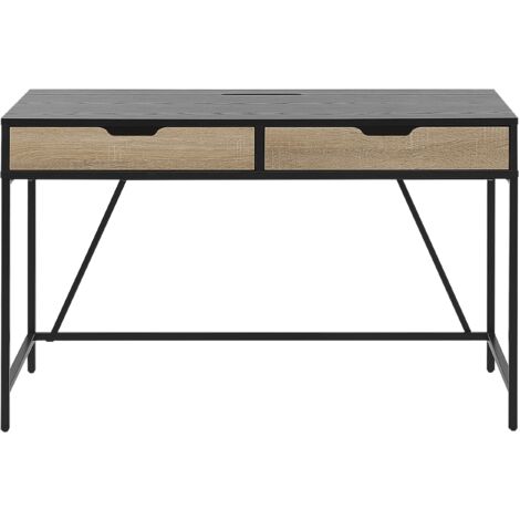 Schreibtisch Schwarz/heller Holzfarbton aus Holz Metall und Faserplatte mit 2 Schubladen 120 x 60 Kinderzimmer Wohnzimmer Arbeitszimmer Modern