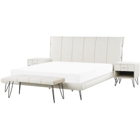 Bett mit Bettbank und 2 Nachttischen Weiß Kunstleder Lattenrost 180×200 cm dekoratives Kopfteil mit vertikaler Versteppung Modern – Weiß