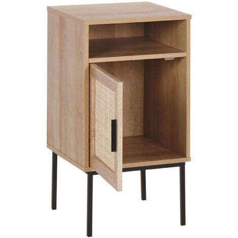 Nachttisch in Hellem Holzfarbton mit 1 Schranktür und Offenem Fach Schwarze Metallbeine 78 x 40 x 40 cm Schlafzimmer Wohnzimmer