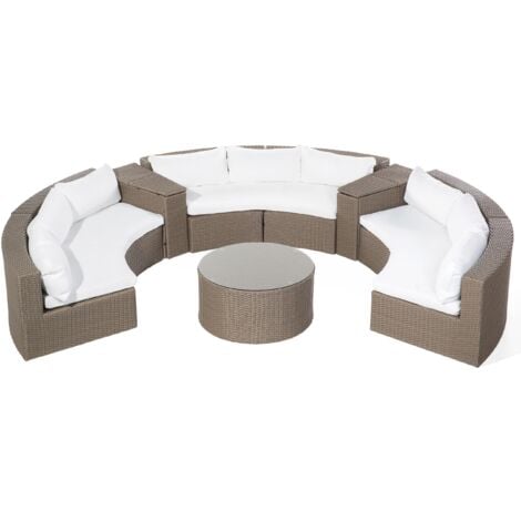Gartenmöbel Set Braun Rattan u. Aluminium Halbrund Modern 9-Sitzer Sofa mit Couchtisch Kissen Cremeweiß Terrasse Outdoor Lounge Set 6-Teilig