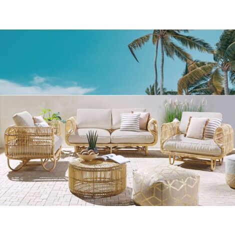 Lounge 4er Set Natürlich Rattan mit rundem Couchtisch Bezüge mit