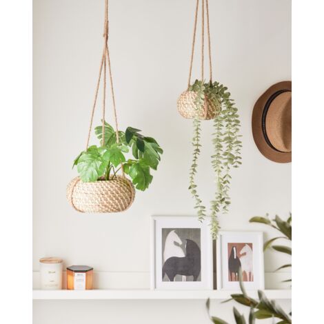 Blumenampel 2er Set Natur aus Seegras Rund im Boho Stil Moderne