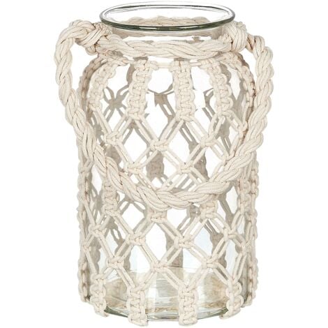 Laterne Glas weiß 28 cm mit Makramee Boho Griff Tischdeko geflochten Jalebi