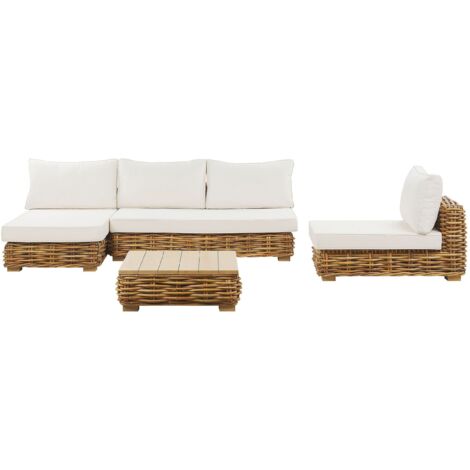 Lounge Set Natürlich Rattan 4Sitzer Rechtsseitig mit Auflagen