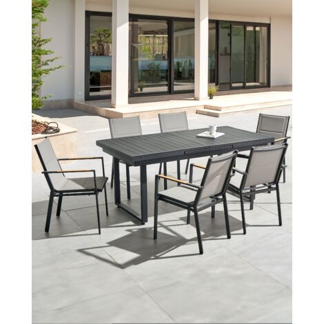 Gartenstuhl 6er Set Schwarz Aluminium mit Bespannung Grau Stoff
