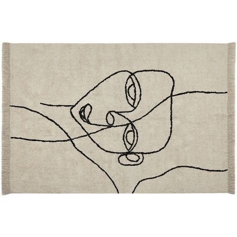 Teppich Baumwolle beige mit Gesichtsmotiv Fransen rechteckig 140 x